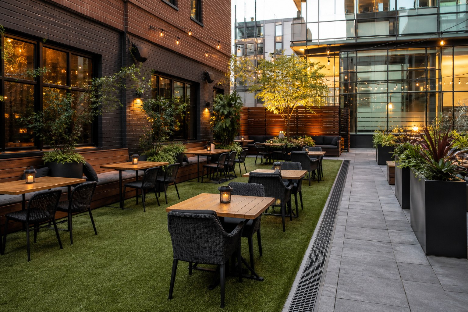 Urban hospitality courtyard with artificial turf, dining tables and planters