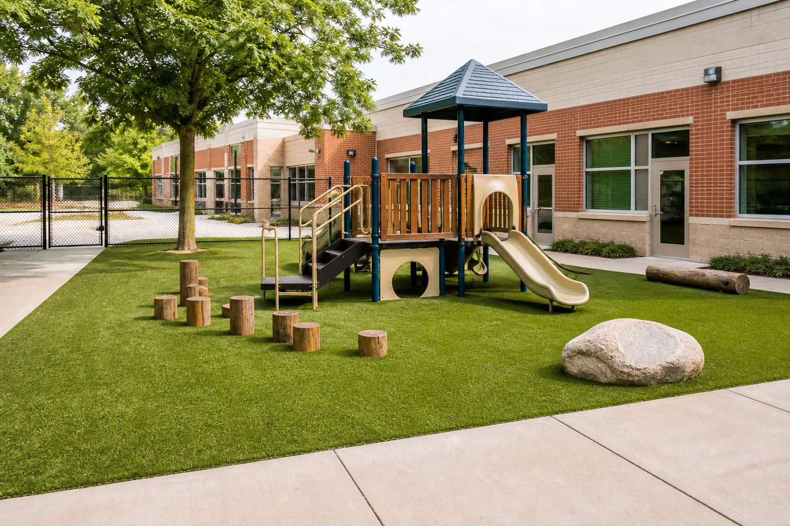 Institutional playground with artificial turf surfacing and colourful play equipment