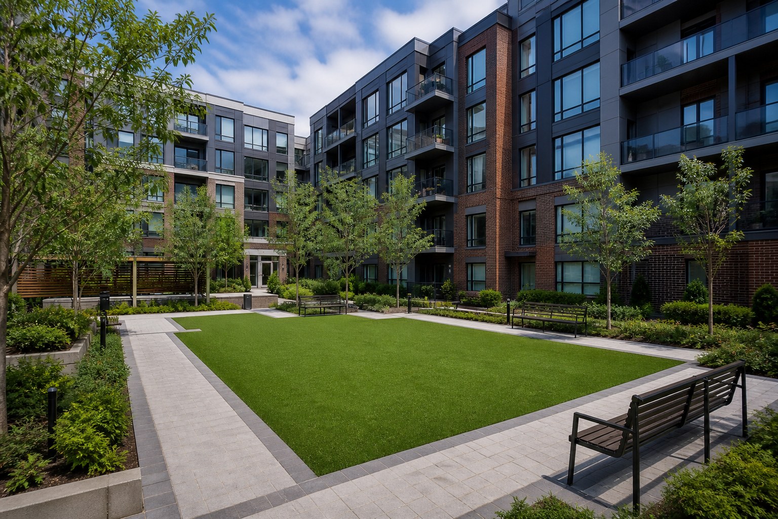 Multifamily residential courtyard with artificial turf, seating and landscaped borders
