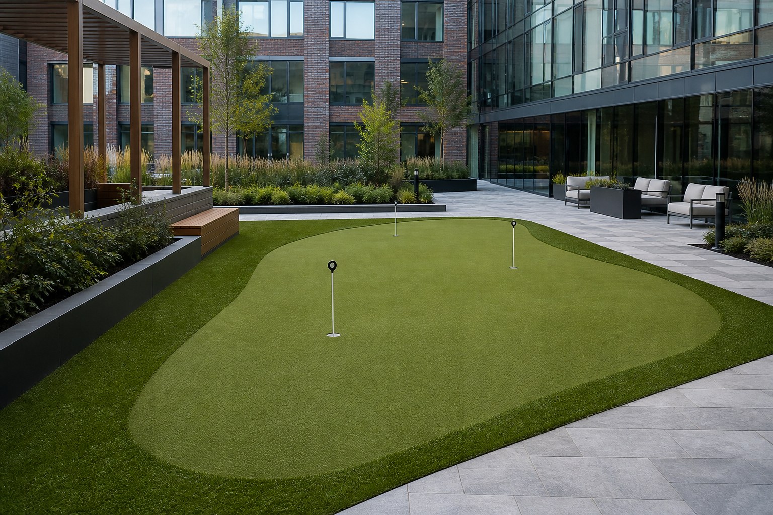 Commercial outdoor putting green with multiple cups beside a clubhouse terrace
