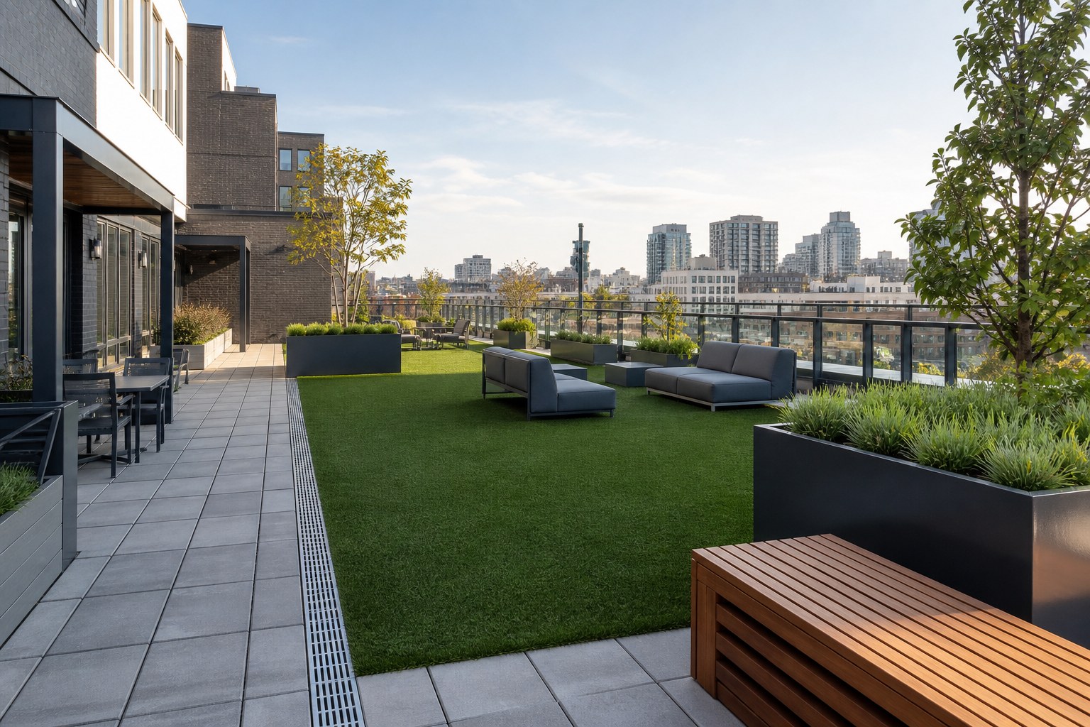 Commercial rooftop amenity with artificial turf, seating and city views