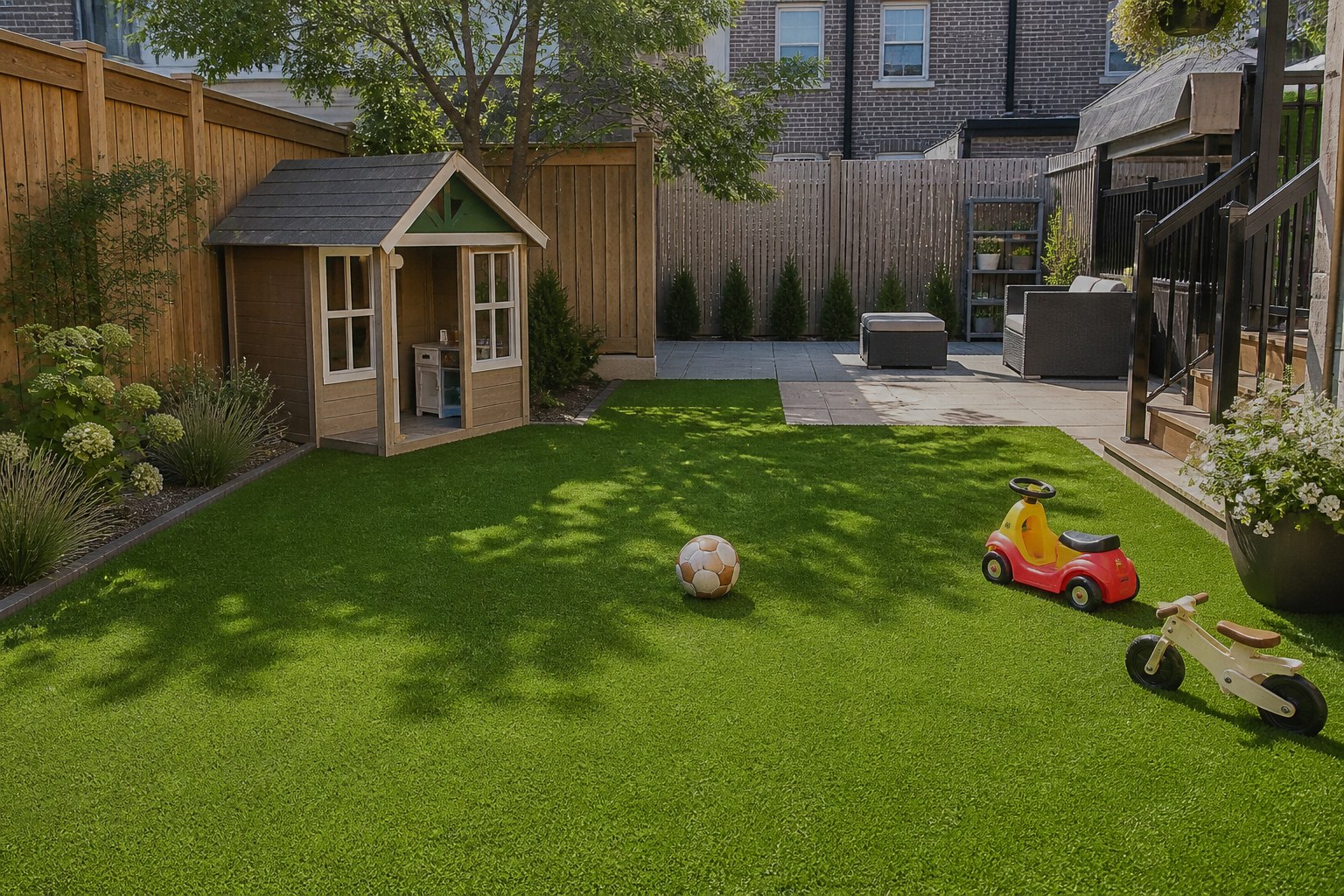 Family backyard play area with artificial turf, playhouse and outdoor toys