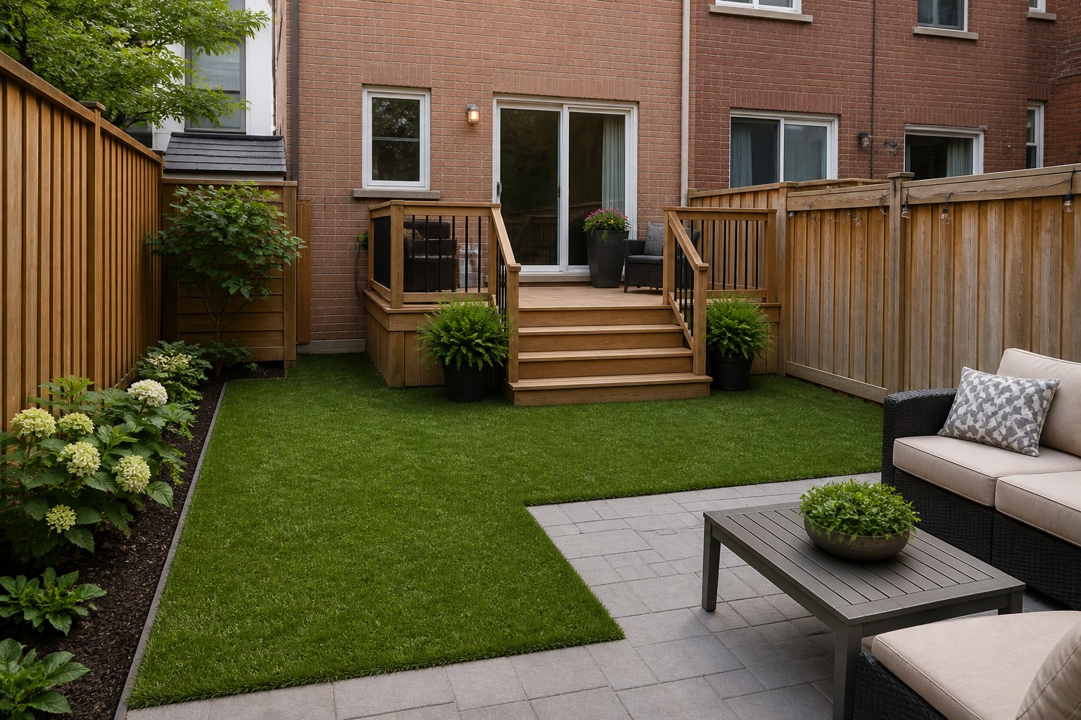 Finished artificial turf in a compact townhouse backyard with a deck and patio