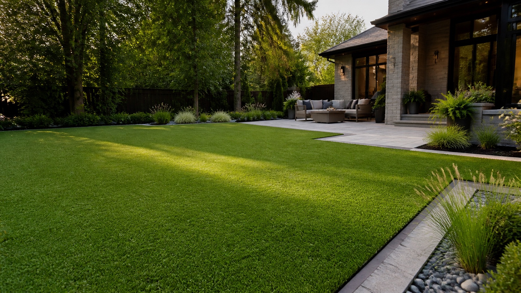 Finished artificial turf lawn beside a modern residential patio