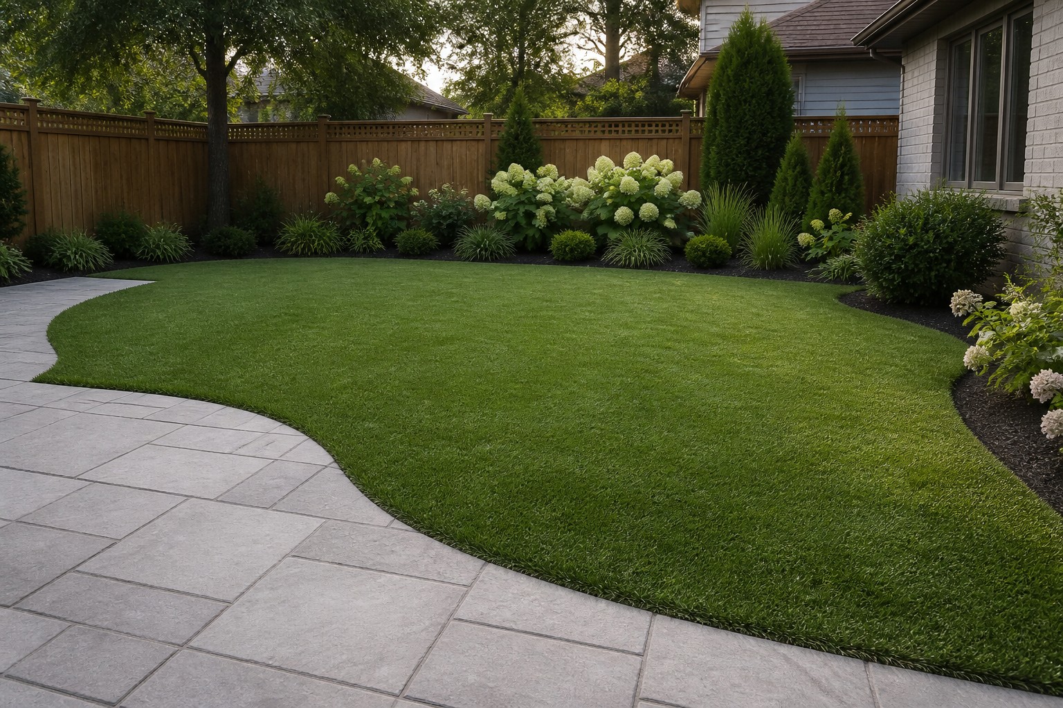 Finished artificial turf lawn with a clean stone patio edge and landscaped garden borders
